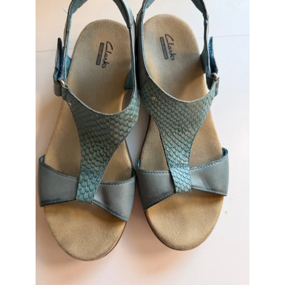Clarks Collection Blue Leather Snakeskin Texture Slingback Sandals Womens 8.5 M
